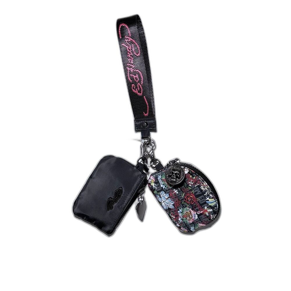 NWT Ed Hardy Double Pouch Black Wristlet KeyChain Charms Skull & Roses Set